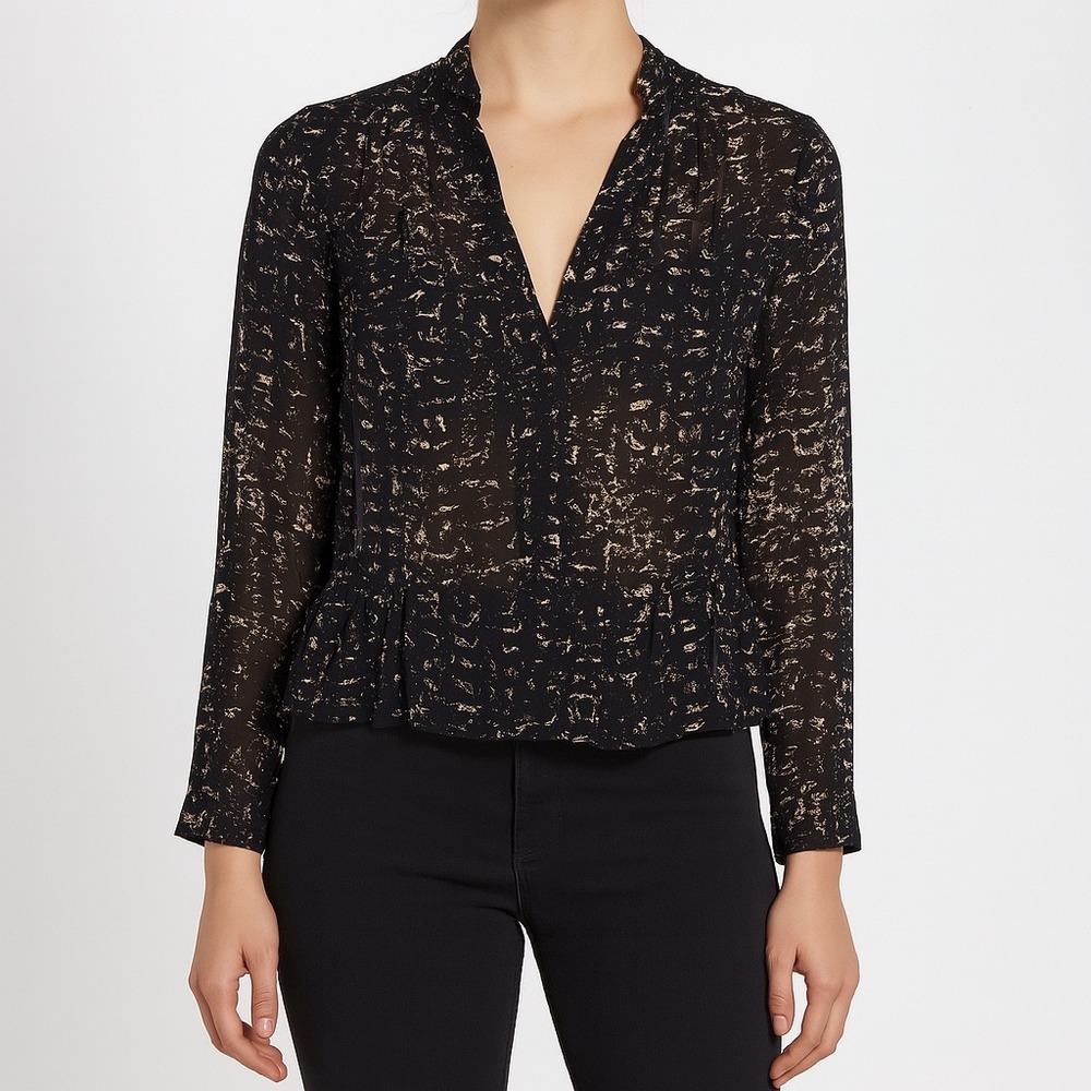 Eliot Silk Blouse Womens Small Black Beige Abstract Print Long Sleeve Top‎